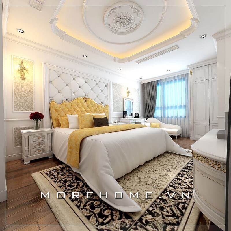 Giường ngủ chung cư cao cấp phong cách tân cổ điển sang trọng, phần đầu giường uốn lượn tinh tế mang đến cảm giác sang trọng và tiện nghi
